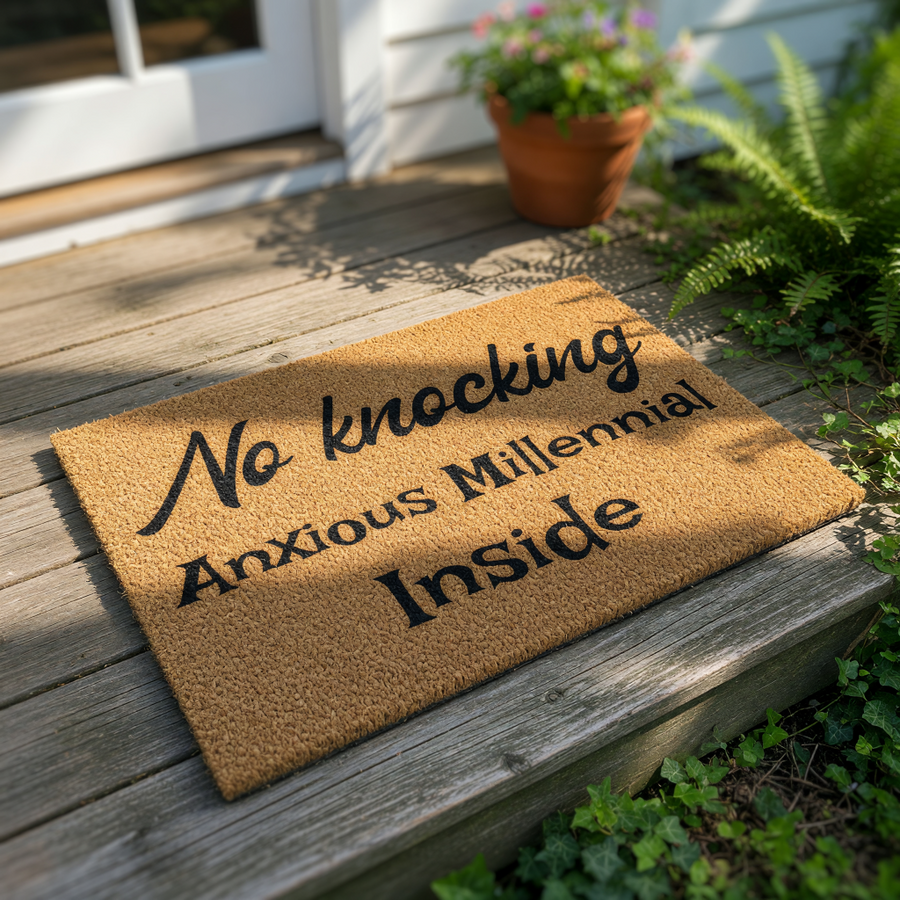 Funny No Knocking Anxious Millennial Inside doormat for front porch decor, featuring bold black text on a natural coir fiber welcome mat, perfect for a humorous housewarming gift or a stylish entryway floor rug for your home