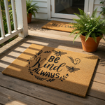 Be Kind Always bee doormat featuring a natural coir fiber welcome mat with black printed text and floral bee illustrations, perfect for a farmhouse porch decor entryway or a housewarming front door entrance floor mat.