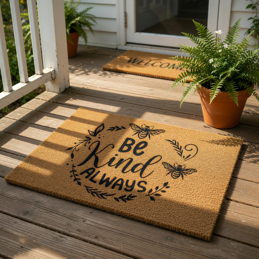 Be Kind Always bee doormat featuring a natural coir fiber welcome mat with black printed text and floral bee illustrations, perfect for a farmhouse porch decor entryway or a housewarming front door entrance floor mat.