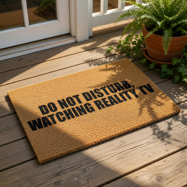 Funny doormat with the text Do Not Disturb Watching Reality TV, a natural coir fiber welcome mat for front porch decor that makes a humorous housewarming gift for television fans who love binge watching their favorite reality
