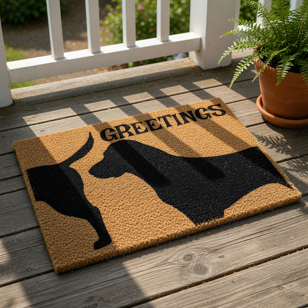 Dog silhouette welcome doormat featuring a black canine design on natural coir fiber, placed on a porch with a potted fern.