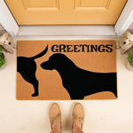 Funny dog butt greetings doormat featuring a black silhouette of two dogs on a natural coir fiber welcome mat, perfect for a pet lover porch decor entrance, with a humorous design that adds personality to your home front door