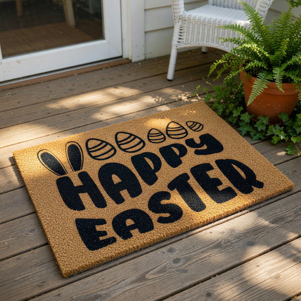 Happy Easter coir doormat featuring black printed text and decorative egg designs with bunny ears, this natural fiber welcome mat is a festive spring porch decor piece for your front door entry and seasonal home entryway floor.