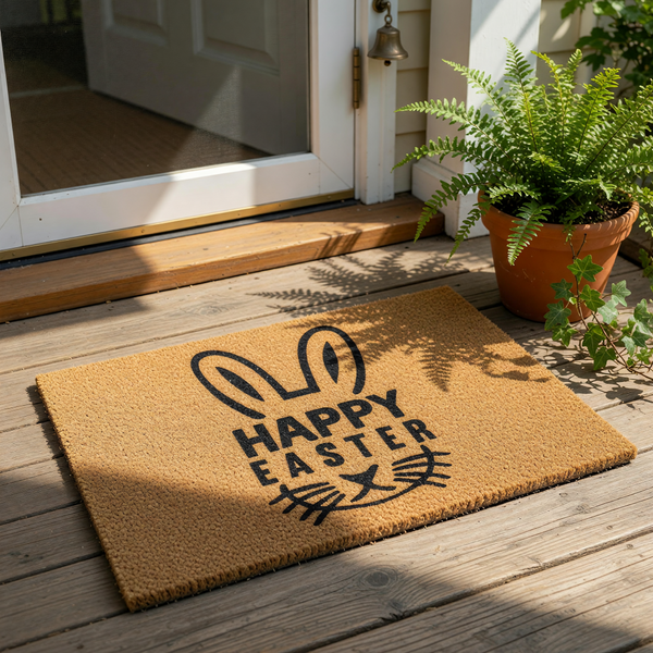 Happy Easter bunny doormat featuring a cute rabbit face design on natural coir fiber, perfect for spring porch decor and seasonal entryway welcome mats that add a festive touch to your front door step during the holiday season.