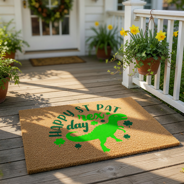 St. Patrick's Day dinosaur doormat featuring a green T-Rex and shamrock print on natural coir fiber.