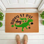 Dinosaur St Patrick Day doormat featuring a green T-Rex illustration and shamrock accents on a natural coir fiber welcome mat, perfect for a festive front porch entry decor display during the spring holiday season for home