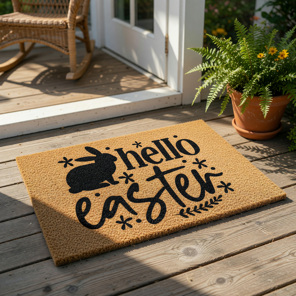 Hello Easter bunny doormat with a natural coir fiber texture and black printed design, featuring a cute rabbit silhouette and floral accents for a festive spring welcome mat for your front porch or entryway home decor.