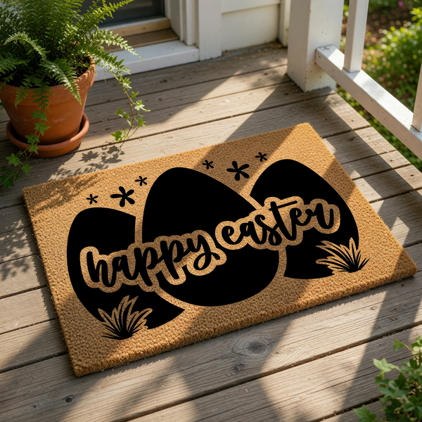 Happy Easter coir doormat featuring three black egg silhouettes and floral accents on a natural fiber welcome mat, perfect for spring porch decor and seasonal entryway floor mats for a festive holiday home entrance.