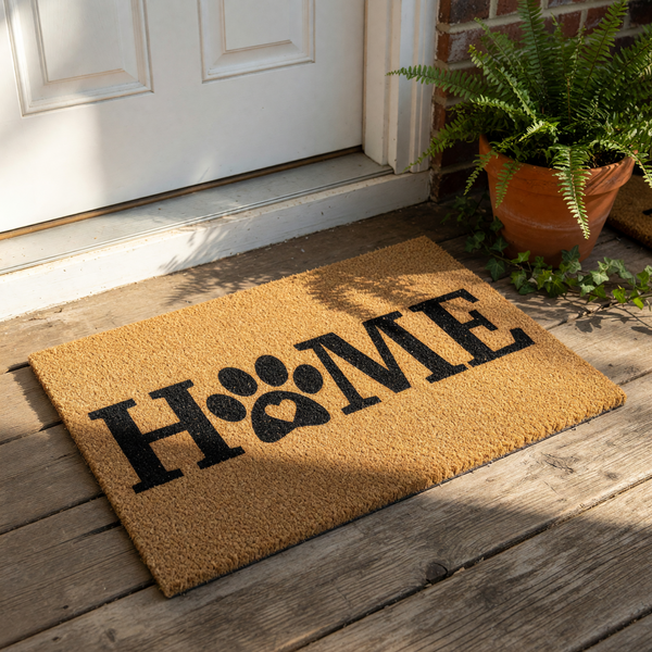 Dog paw print home doormat featuring a heart cutout in the center of the paw, this natural coir fiber welcome mat is a durable outdoor rug for pet lovers and makes a cute front porch decor piece for any dog owner house entrance.