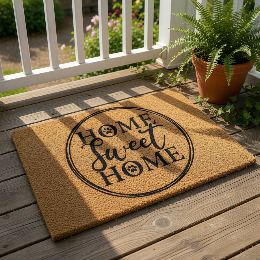 Home Sweet Home dog paw print doormat made of natural coir fiber, featuring a circular design with pet-themed lettering for a front porch entrance, perfect for dog lovers looking for a durable outdoor welcome mat for their house.