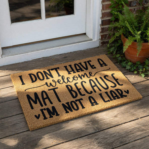 Funny doormat with text I dont have a welcome mat because I am not a liar, this natural coir fiber welcome mat features bold black lettering for a humorous front porch decor look that makes a sarcastic housewarming or entryway