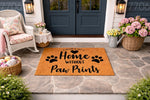 Pet lover welcome doormat with paw prints and heart design on a natural fiber rug, featuring the phrase A House Is Not A Home Without Paw Prints for a cozy front porch entryway decor that celebrates dog and cat owners everywhere.
