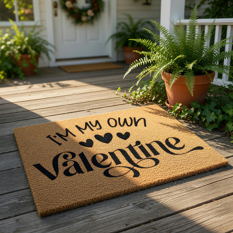 I am my own Valentine doormat featuring black text and hearts on a natural coir fiber welcome mat, displayed on a front porch as a funny seasonal home decor piece for single people looking for a unique entryway floor rug.