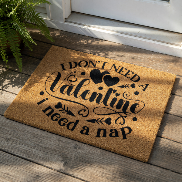 Funny Valentine doormat with I don't need a Valentine I need a nap text, featuring black typography and heart icons on a natural coir fiber welcome mat, perfect for a humorous front porch decor or a sarcastic holiday home