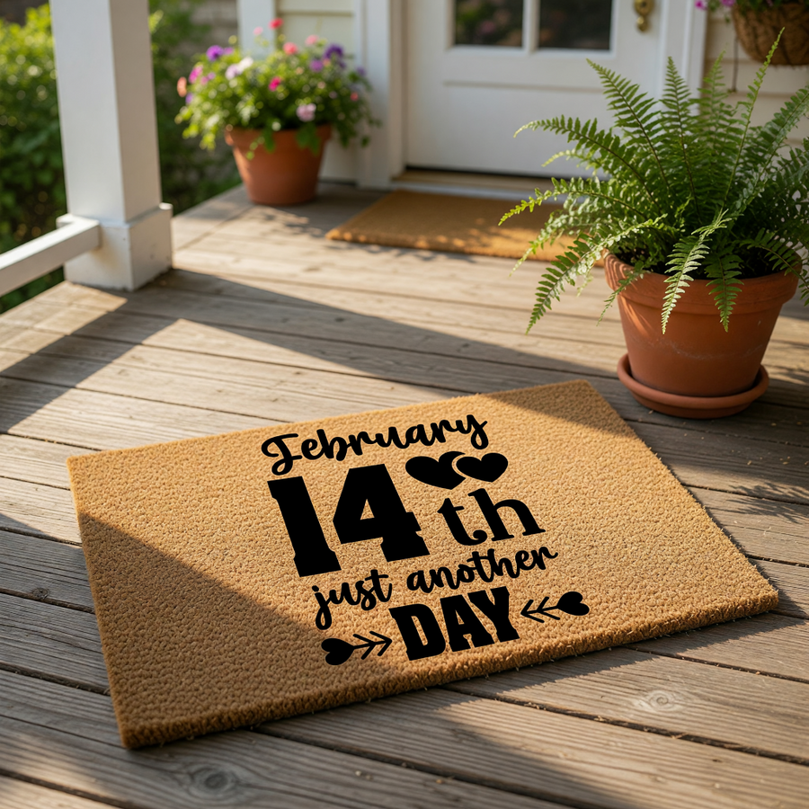 Funny Valentine's Day doormat with black text reading February 14th just another day on a natural coir fiber welcome mat, displayed on a front porch with potted plants for a humorous holiday home decor entrance design.