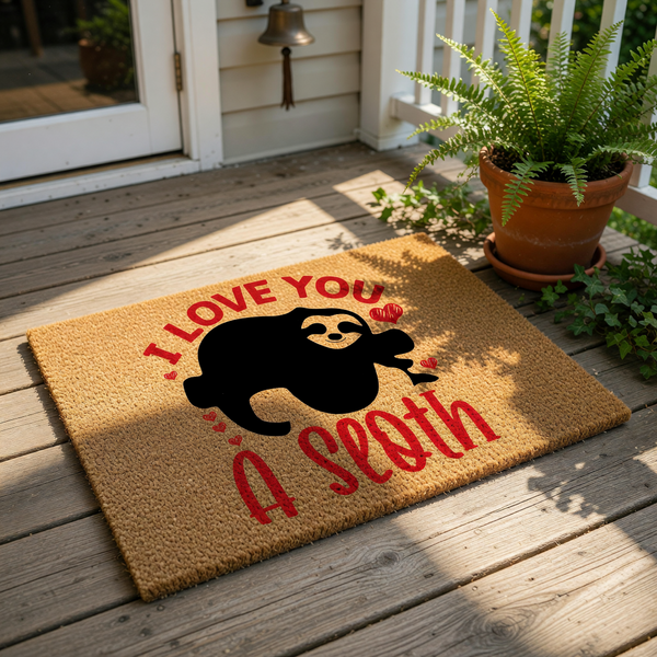 Sloth welcome doormat featuring a cute black sloth silhouette and red text that says I love you a sloth, this funny animal themed coir door mat is a stylish home decor piece for any animal lover looking for a unique front porch
