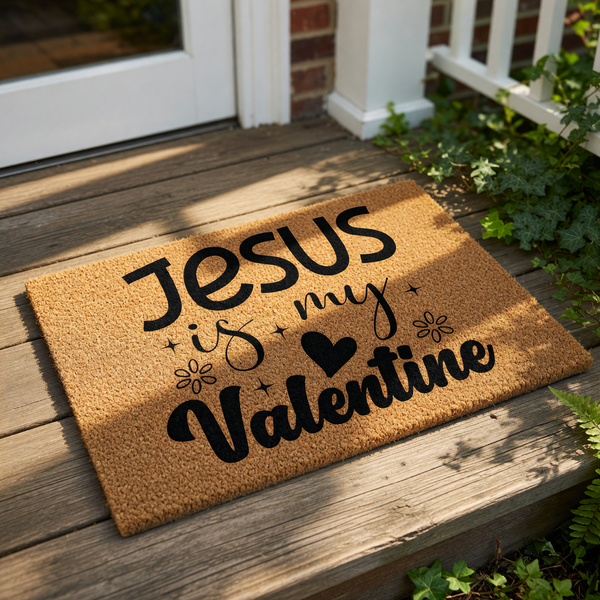 Jesus is my Valentine coir doormat with black text and heart accents, a natural fiber welcome mat for front porch decor that makes a religious holiday entry rug for your home, apartment, or entryway floor during the February