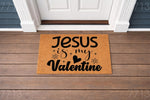 Religious Valentine doormat featuring black text on a natural coir fiber mat, perfect for a front porch entryway.