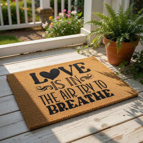 Funny doormat with the text Love Is In The Air Try To Breathe printed in black on a natural coir fiber welcome mat, creating a humorous front porch decor piece for your home entrance or a unique housewarming gift for new
