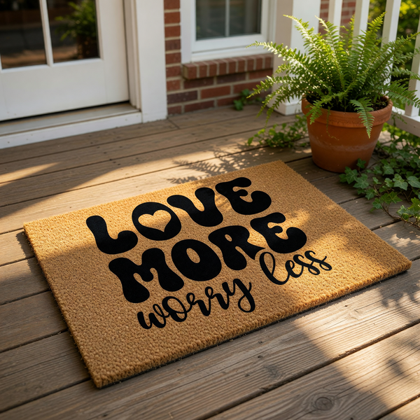 Love More Worry Less coir doormat featuring bold retro typography on a natural fiber welcome mat, perfect for a front porch entry, housewarming decor, or a stylish outdoor floor rug for your home entrance and entryway floor.