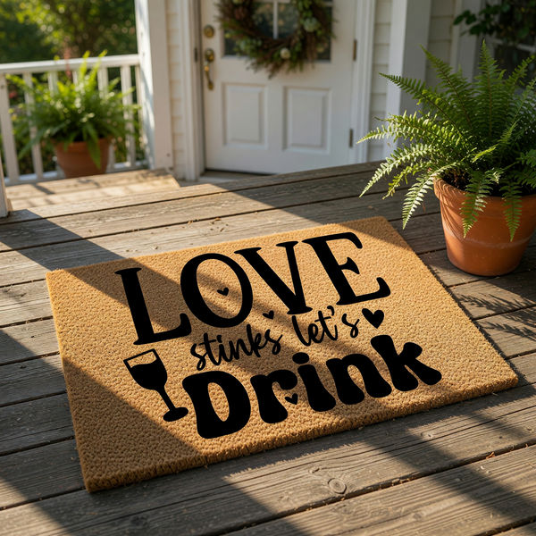 Funny wine lover doormat with black text reading Love stinks let's drink on a natural coir fiber welcome mat, placed on a front porch wood deck for a humorous home entryway decor look that is perfect for wine enthusiasts and