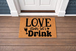 Funny wine lover doormat featuring the text Love stinks let's drink with a wine glass icon, this natural coir welcome mat is a humorous front porch decor piece for wine drinkers and home entryways that adds a playful touch to