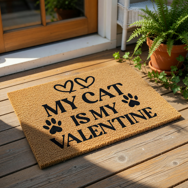 My Cat Is My Valentine doormat, a natural coir fiber welcome mat featuring black text and paw print designs for cat lovers, perfect for a front porch entry or home decor during the February holiday season for pet owners.