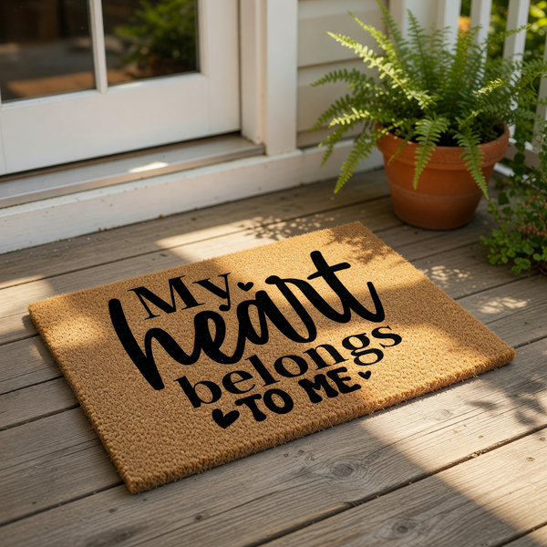 My Heart Belongs To Me coir doormat with black text and heart accents, a durable natural fiber welcome mat for front porch decor that adds a funny and bold statement to your home entryway floor and outdoor house entrance.