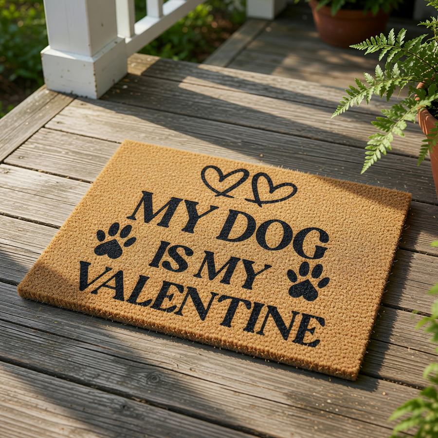 My Dog Is My Valentine doormat featuring black text and paw prints on a natural coir fiber welcome mat, perfect for pet lovers celebrating the holiday with a cute dog themed front porch decor piece for your home entrance.