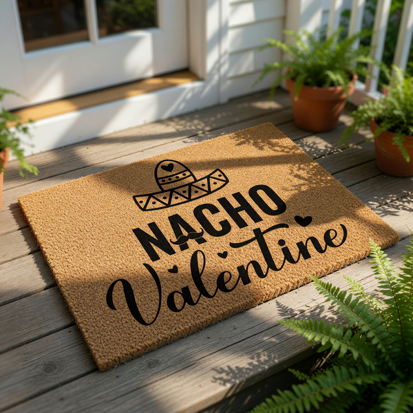 Nacho Valentine doormat featuring a festive sombrero design on natural coir fiber, this funny holiday welcome mat is a cute front porch decor piece for February 14th celebrations and adds a playful touch to your home entryway