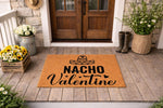 Nacho Valentine doormat featuring a sombrero and mustache design on a natural coir welcome mat, displayed on a front porch for a funny holiday home entrance decor piece that adds a festive touch to your entryway floor.