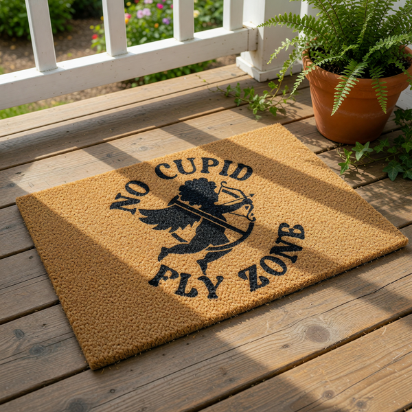 No Cupid Fly Zone doormat featuring a black silhouette of a winged archer on a natural coir fiber welcome mat, perfect for a funny anti-holiday front porch decor or a humorous entryway rug for your home or apartment entrance.