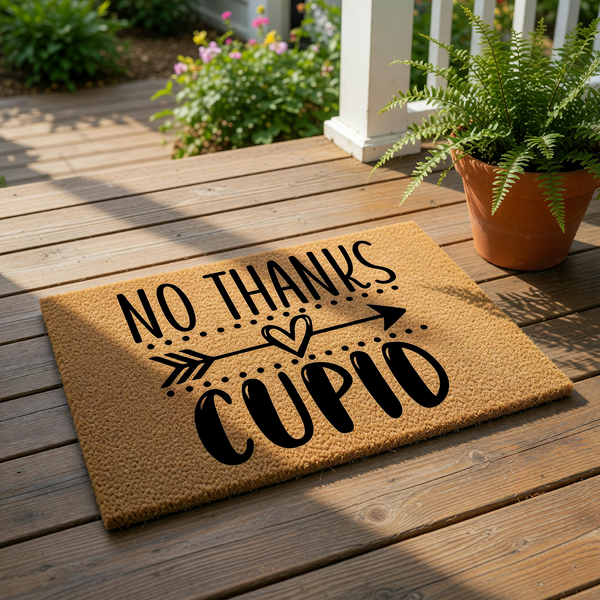 No Thanks Cupid doormat, a funny Valentine's Day welcome mat made of natural coir fiber with black text and an arrow heart design, perfect for a humorous front porch entry rug or a sarcastic holiday home decor floor mat for your