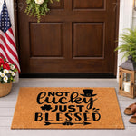 Not Lucky Just Blessed doormat featuring a leprechaun hat and clover design on natural coir fiber.