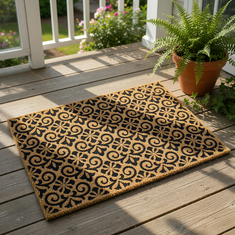 Damask pattern coir doormat featuring a black scrollwork design on a natural fiber welcome mat, this durable outdoor floor rug provides a stylish entryway decor look for your front porch or home entrance with its classic floral