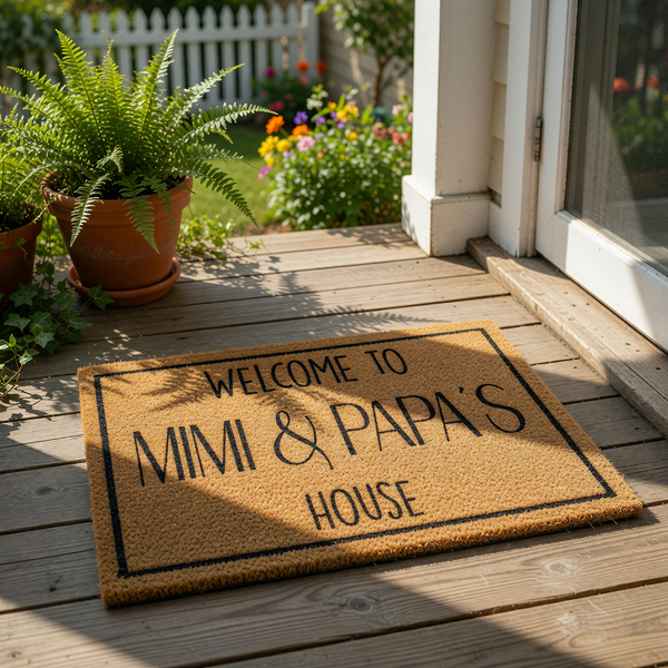 Personalized Mimi and Papa's house doormat featuring a natural coir fiber texture with black text and a simple border, making a charming custom welcome mat for grandparents to display at their front door entrance for family and