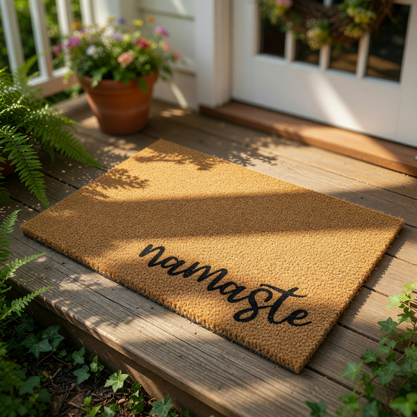 Namaste coir doormat with a natural fiber texture and black script lettering, this durable outdoor welcome mat is a stylish front porch rug for yoga lovers and home entryways seeking a peaceful and inviting entrance decor piece.