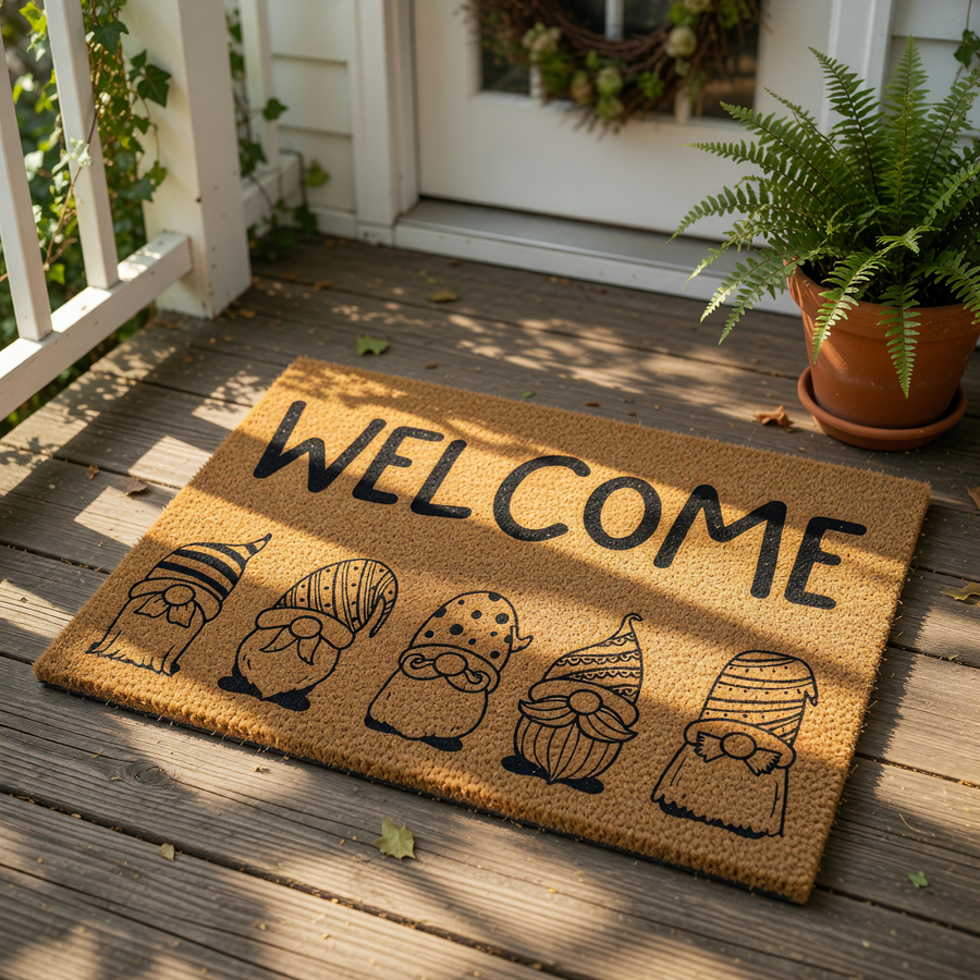 Gnome welcome doormat featuring five cute bearded gnomes in patterned hats printed on a natural coir fiber mat, this outdoor front porch rug is a fun seasonal home decor piece for your entryway or housewarming gift.