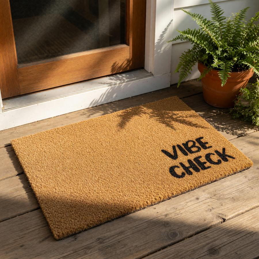 Vibe Check doormat featuring a natural coir fiber texture with bold black text, this funny welcome mat serves as a stylish front porch decor piece for your home entrance, apartment, or dorm room floor entry way.