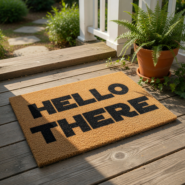 Hello There coir doormat with bold black text on a natural brown fiber welcome mat, perfect for a front porch entry, housewarming decor, or a stylish outdoor floor rug for your home entrance to greet guests with a friendly