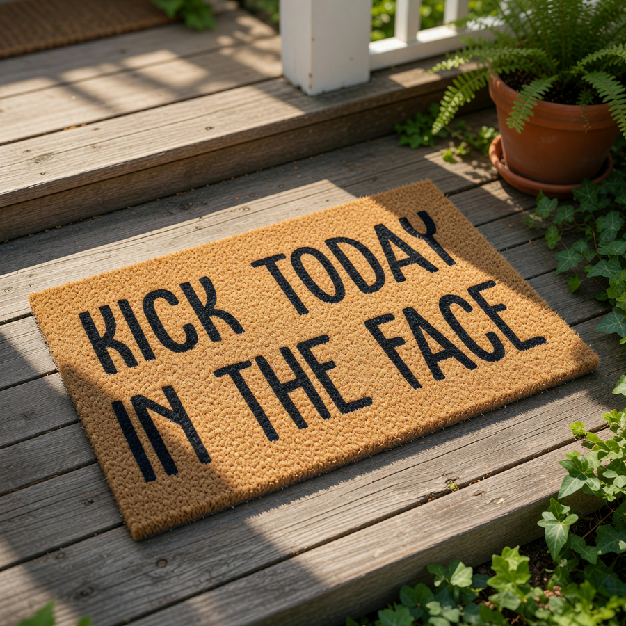 Kick Today In The Face coir doormat with bold black text on a natural fiber welcome mat, perfect for a funny front porch decor entry rug that adds a motivational and humorous touch to your home entrance and outdoor floor covering.