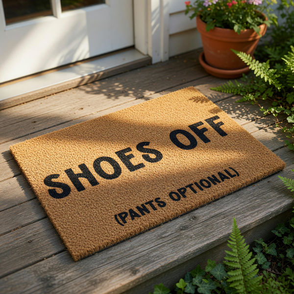 Funny Shoes Off Pants Optional doormat featuring bold black text on a natural coir fiber welcome mat, perfect for a humorous entryway, front porch decor, or a quirky housewarming gift for friends who love funny home decor and