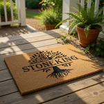 Personalized family name tree doormat on a porch, featuring a natural coir welcome mat with a black tree of life design and custom last name text, perfect for a housewarming entry decor or a stylish outdoor front door entrance
