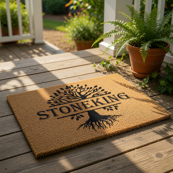 Personalized family name tree doormat on a porch, featuring a natural coir welcome mat with a black tree of life design and custom last name text, perfect for a housewarming entry decor or a stylish outdoor front door entrance