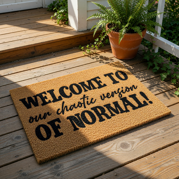 Funny welcome doormat for front porch featuring the text Welcome to our chaotic version of NORMAL in bold black lettering on natural coir fiber, a perfect humorous housewarming gift for a home entryway or outdoor patio decor.