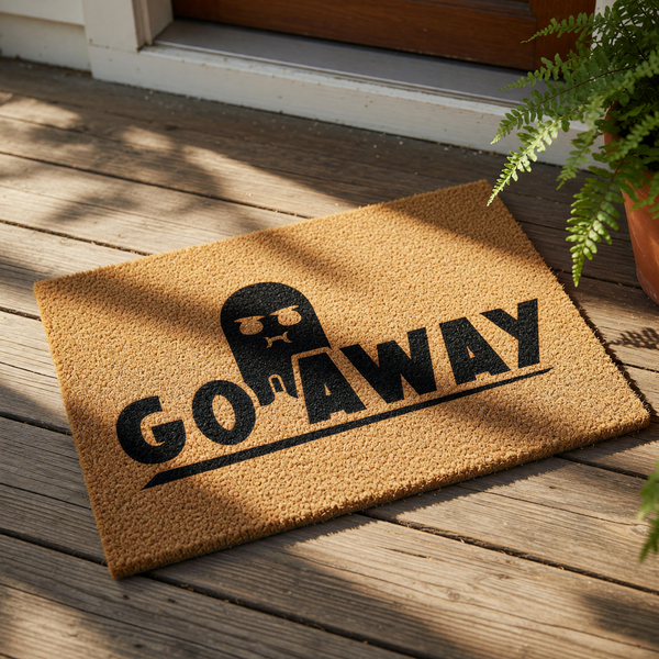 Funny Go Away doormat with a grumpy ghost graphic on a natural coir fiber welcome mat, perfect for a front porch entry.
