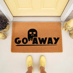 Funny Go Away doormat with a grumpy ghost graphic, this natural coir fiber welcome mat features bold black text and a humorous design for your front porch entry, perfect for a sarcastic home decor look at your front door entrance.