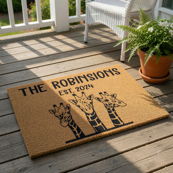 Personalized giraffe family doormat featuring three illustrated giraffes and custom family name text, this durable coir welcome mat is a fun housewarming decor piece for any animal lover looking for a unique front porch entrance