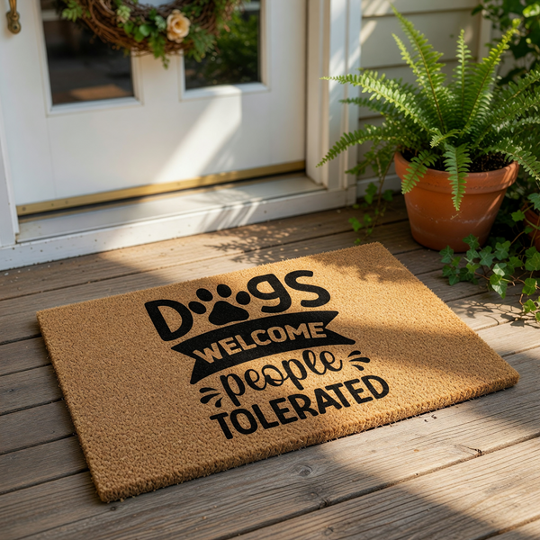 Funny dog lover doormat with black text reading Dogs Welcome People Tolerated on a natural coir fiber welcome mat, featuring a paw print design for a humorous front porch decor piece that is perfect for any pet owner home