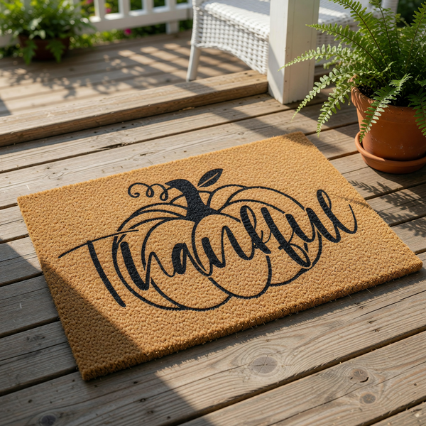 Thankful pumpkin coir doormat featuring a natural fiber welcome mat with a black printed pumpkin design, perfect for fall porch decor, autumn entryway rugs, and seasonal home entrance floor mats for a cozy farmhouse look.